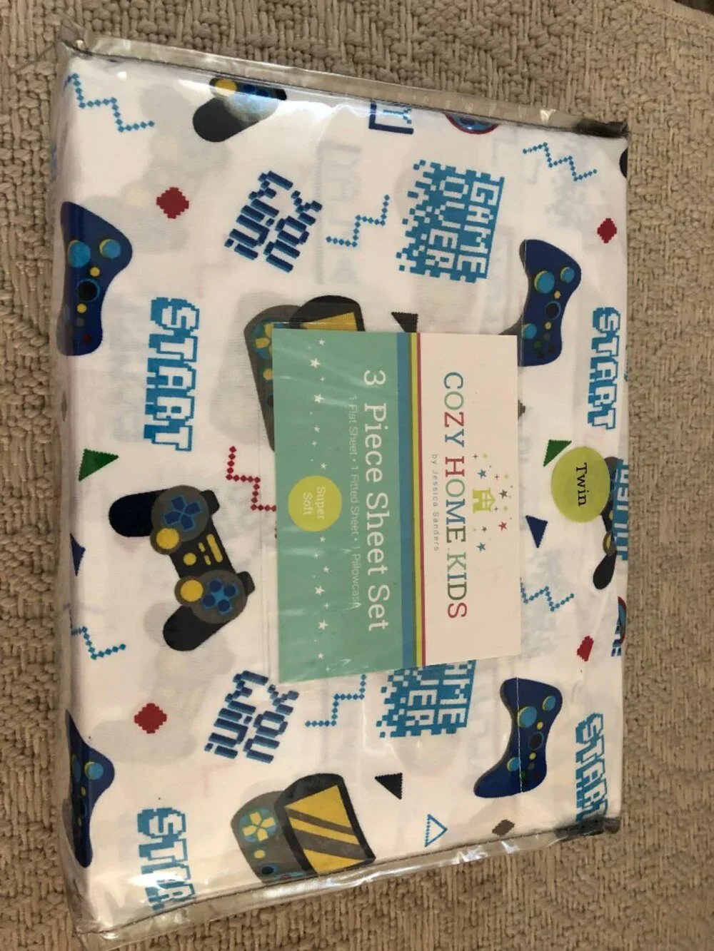 Cozy Home Kids 3piece sheet set features a vibrant video game controller pattern